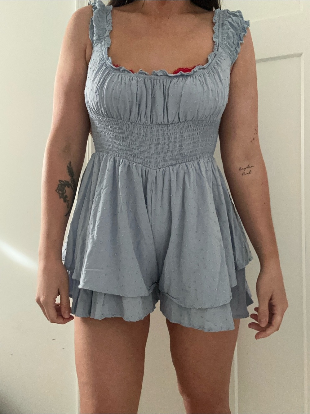 Urban Outfitters Light Blue Smocked Ruffle Strap Romper